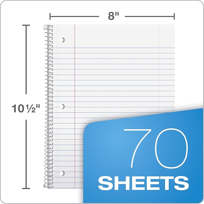 Oxford 1-Subject Notebooks, School Journal, 8 x 10-1/2 Inch, Wide Rule Paper, 70 Sheets, 3-Hole Punch, 3 Pack, Red, Blue, Green, Color Assortment May Vary (65029)
