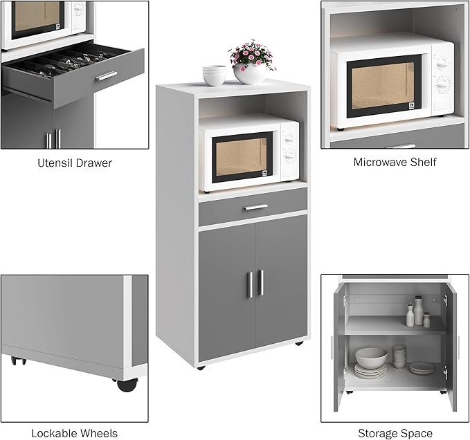 Microwave Stand with Drawer - Rolling Storage Cabinet with Doors and Locking Wheels - Freestanding Kitchen Storage by Lavish Home (White and Gray)