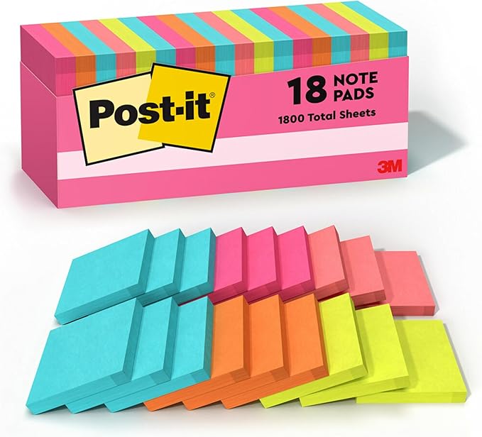 Post-it Notes, 3 in x 3 in., 18 Sticky Notes Pads, 100 Sheets per Pad, Poptimistic Collection, School Supplies and Oﬃce Products, The Original Post-it Note
