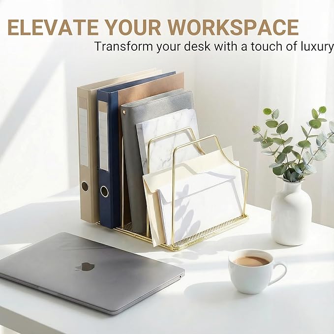 Simmer Stone 2-Pack Gold Metal File Organizer with Mesh Bottom - Vertical Magazine, Mail & Paper Sorter - 3-Slot Wire Rack for Office, Binders, Makeup Palettes - Aesthetic Desk Organizer