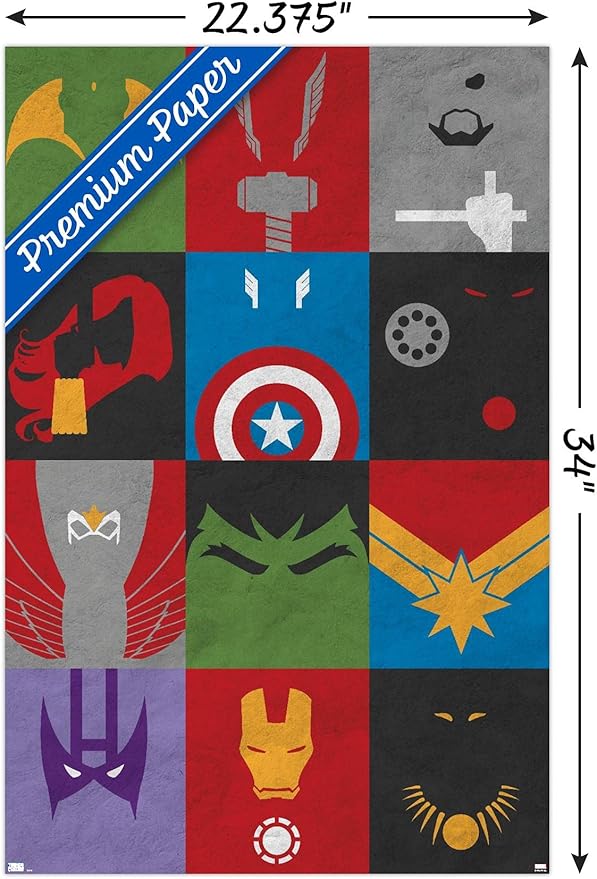 Trends International Marvel Comics - Avengers - Minimalist Grid Wall Poster, 22.375" x 34", Premium Poster & Mount Bundle