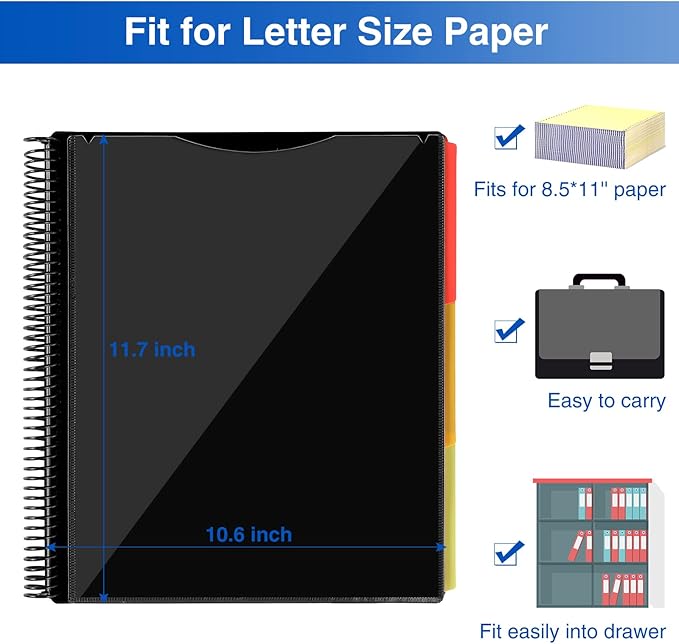 Forvencer 24 Pocket Project Organizer, 1/3-cut Tab Binder Organizer with Sticky Labels, Multi Pocket Folder with Zipper Pouch, Folder Binder Spiral Pocket Notebook, Office Supplies