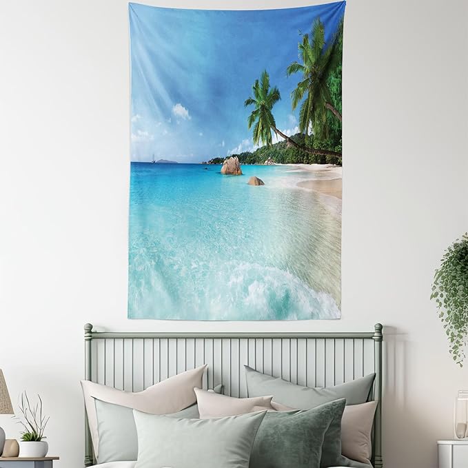 Ambesonne Ocean Tapestry Queen Size, Anse Lazio Beach at Praslin Island Surfing Beach Scenic View Travel, Wall Hanging Bedspread Bed Cover Wall Decor, 88" X 88", Blue and Turquoise