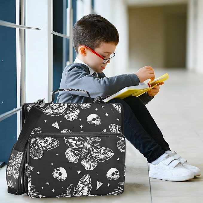 3 Ring Zipper Binder with Shoulder Strap Skull Moon Moth Black Skeleton 1.5 inch Binders Keeper Large Capacity Multi Pockets for School Office Supplies