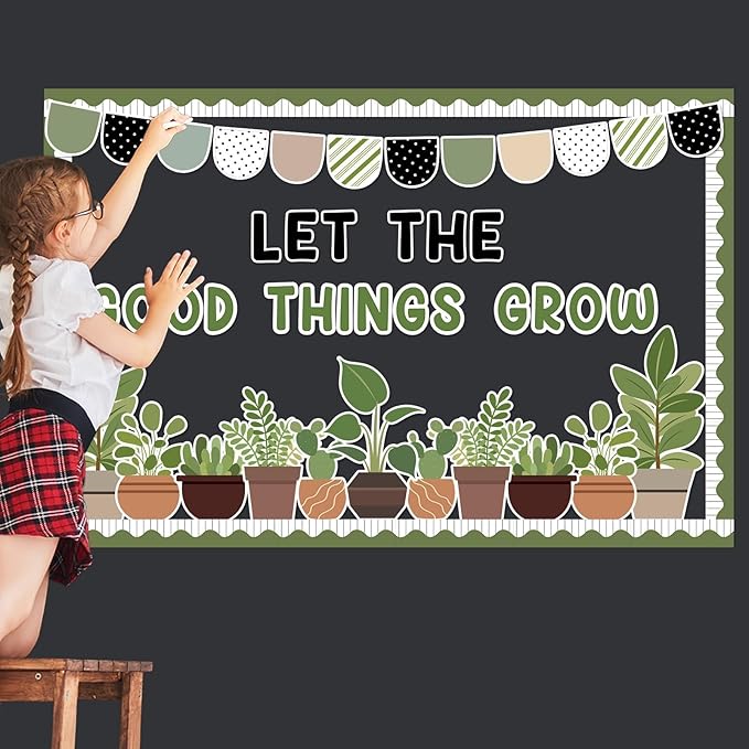 ZOiiWA Spring Potted Plant Bulletin Board Set Spring Greenery Classroom Bulletin Board Decoration Motivational Plant Cutouts Let The Good Things Grow Paper Cutouts Kit for School Home Office Decor