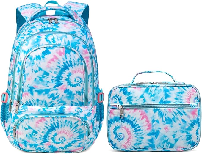 BLUEFAIRY Girls Backpack with Lunch Box for Kids Primary Elemenatry Book Bag Set Middle School Bookbags Set for Teens Childs Back to School Gifts 2 Pcs Blue