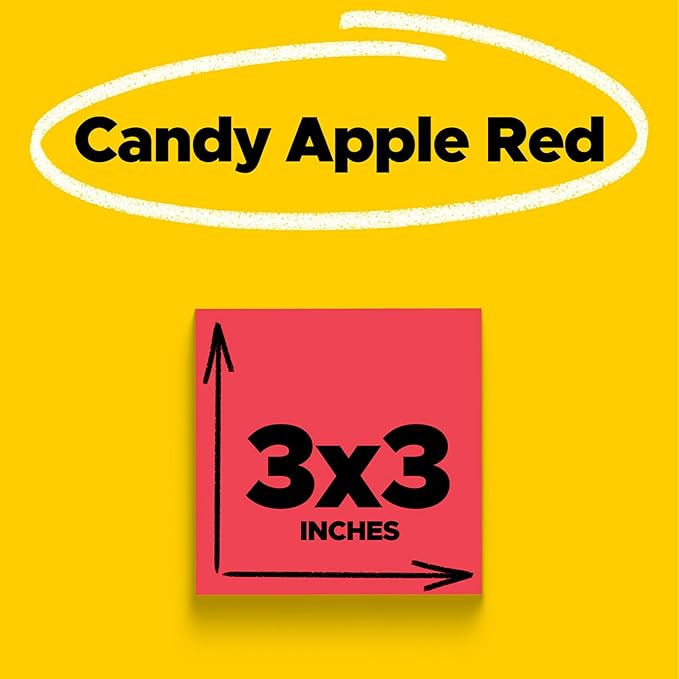 Post-it Super Sticky Notes, 5 Sticky Note Pads, 3 x 3 in., Ideal for Organization in Your Dorm, Home or Office, Single Color Packs Collection, Candy Apple Red