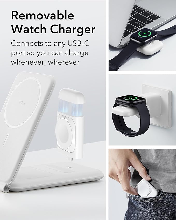 ESR 3 in 1 Charger for Magsafe, Travel Charger Stand for Magsafe, Made for Apple Watch Certified, Foldable Charging Station Compatible with iPhone 17/16/15/14/13/12, AirPods Pro, White