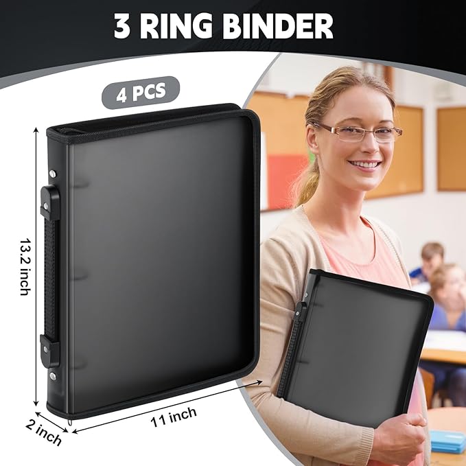 Teling 4 Pcs 2 Inch Black Zipper Binder with 3 Ring Zipper Binder, Refillable Plastic Clear File Organizer Planner for Projects, Assignments, Memos, School Work, 13.2 x 11 Inch