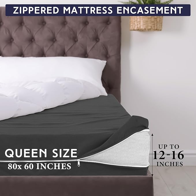 Zippered Mattress Fitted Protector Deep Mattress Encasement Soft Zipper Fitted Sheet Microfiber Bed Sheet Cover for Bed(Dark Gray,Queen,12-16in)