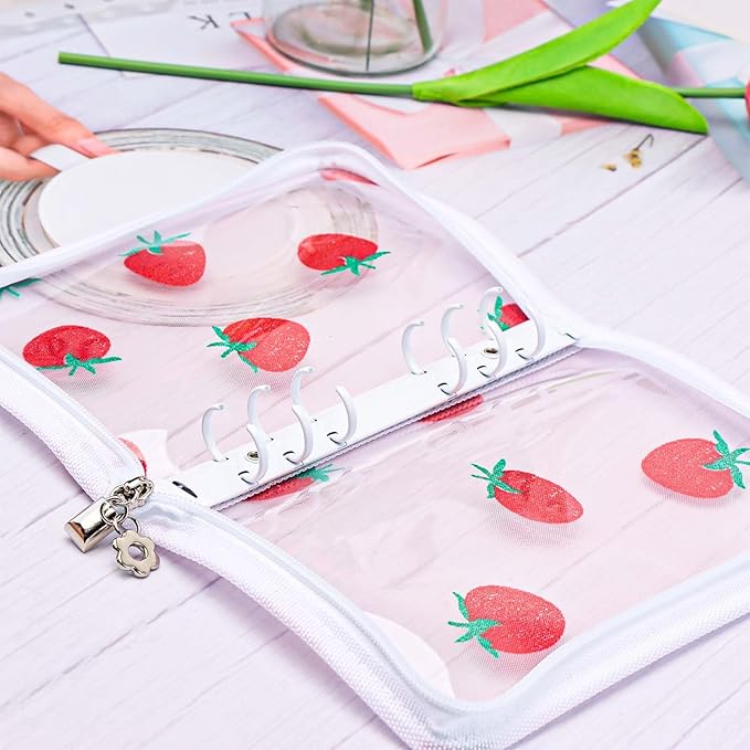 AxeWoodz White A6 Zipper Binder Clear Refillable Notebook Shell Cute Strawberry Lace Cover 6 Ring PVC Binder Cover for Photocard Planner Journal Photo Album