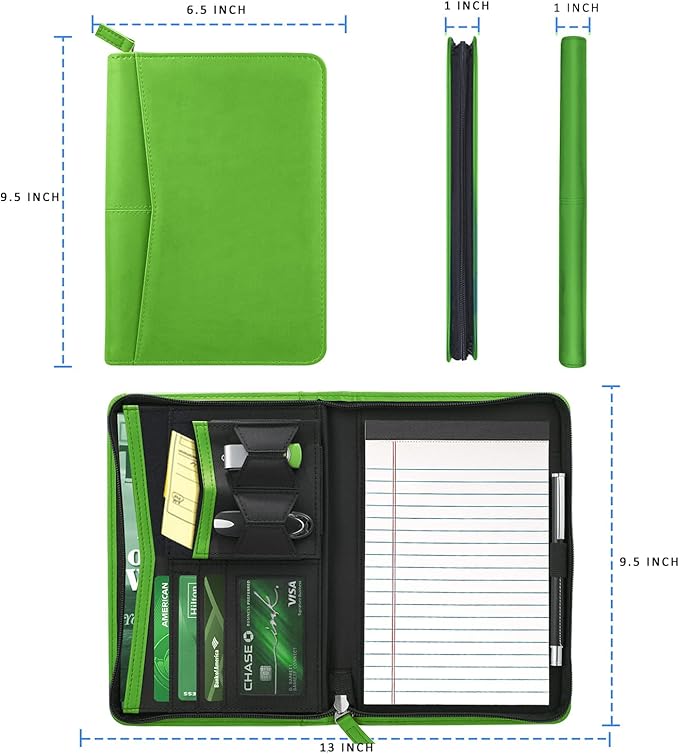 Small Portfolio Organizer, A5 Zippered Business Portfolio, Junior Padfolio Folder Binder for Women & Men, 5 x 8 Writing Pad Included,Green