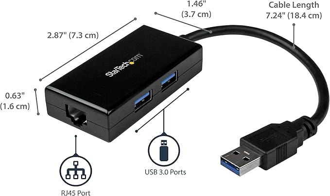 StarTech.com 2 Port USB 3.0 Hub with Ethernet - USB 3.0 x 2 - Gigabit Ethernet Network Adapter for Windows/Mac/Chrome (USB31000S2H) Black