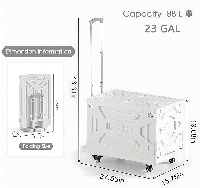 VECELO 23 GAL Large Capacity Foldable Utility Cart with Wheels - Heavy Duty Collapsible Rolling Cart for Shopping, Travel, Office & Home - Portable Luggage Cart with Telescoping Handle, White