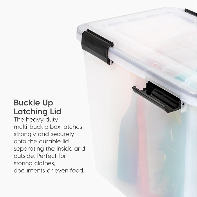 IRIS USA File Box WeatherPro File Organizer Plastic File Box for Letter/Legal File, Water Resistant Document Box, Durable Lid, Seal w/Secure Latching Buckles, Stackable, Nestable, Clear 32 Qt. 1 Pack
