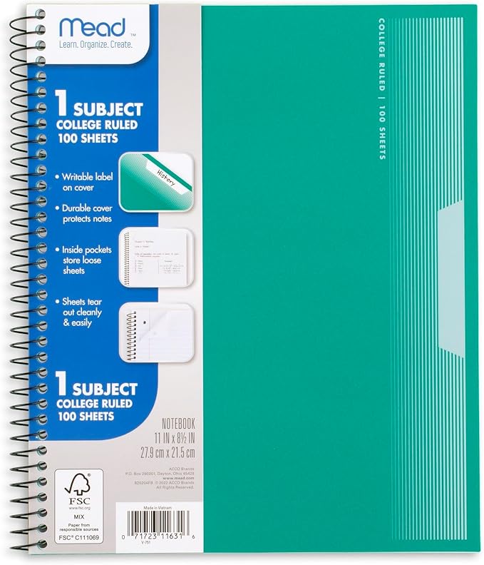 Mead Spiral Notebook, 5 Pack, 1 Subject, College Ruled Paper, Plastic Cover, 8-1/2" x 11", 100 Sheets per Notebook, Assorted Colors (820299-AMZ-TK)