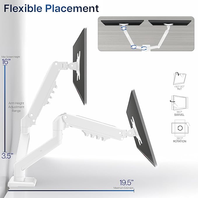 VIVO Aluminum Articulating Dual Monitor Arm for 13 to 30 inch Screens, Desk Mount Tension Spring Monitor Stand for 2 Screens, White, STAND-V102OW