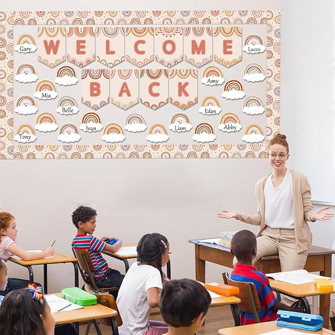 Boho Rainbow Welcome Bulletin Board Decoration Set Welcome Back to School Bulletin Board Cutouts for Party School Classroom Door Bulletin Board Border Craft Home Wall(Boho Rainbow)