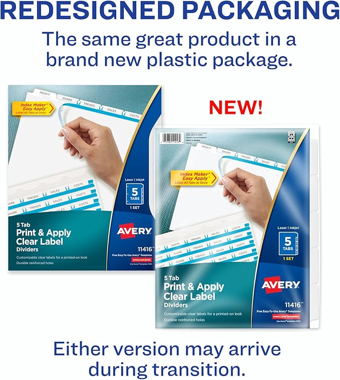 Avery 5 Tab Dividers for 3 Ring Binder, Easy Print & Apply Clear Label Strip, Index Maker Customizable White Tabs, 1 Set (11416)