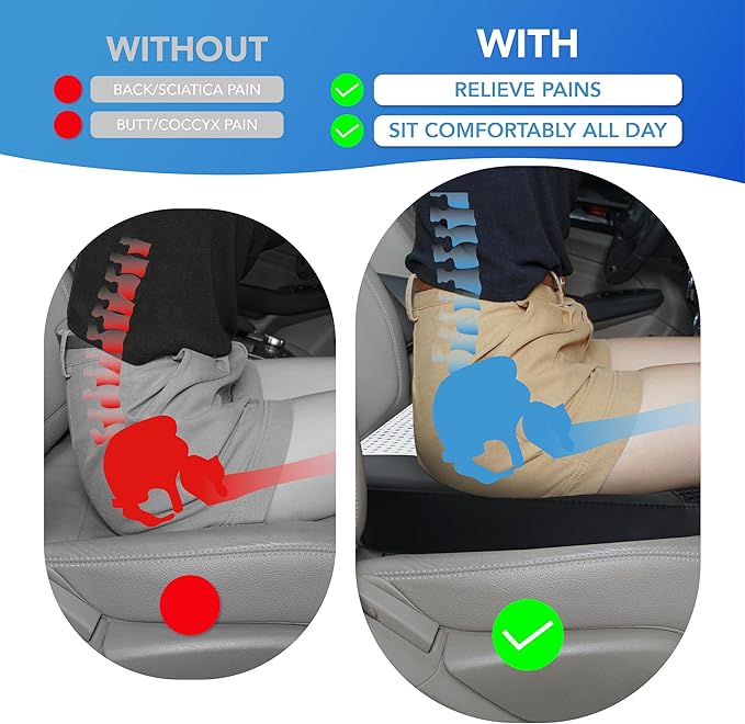 Car Seat Cushion, Comfortable Memory Foam Seat Pillow for Driving, Sciatica-Back Pain Relief, Cushion for Car-Truck, Office, Wheelchair - Black&Gray