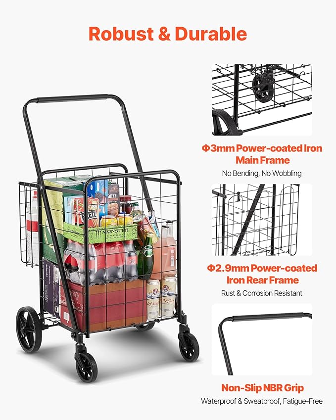 VEVOR Folding Shopping Cart, Jumbo Grocery Cart with Double Baskets, 360° Swivel Wheels, Heavy Duty Utility Cart, 110 LBS Large Capacity Utility Cart for Laundry, Shopping, Grocery, Luggage, Black