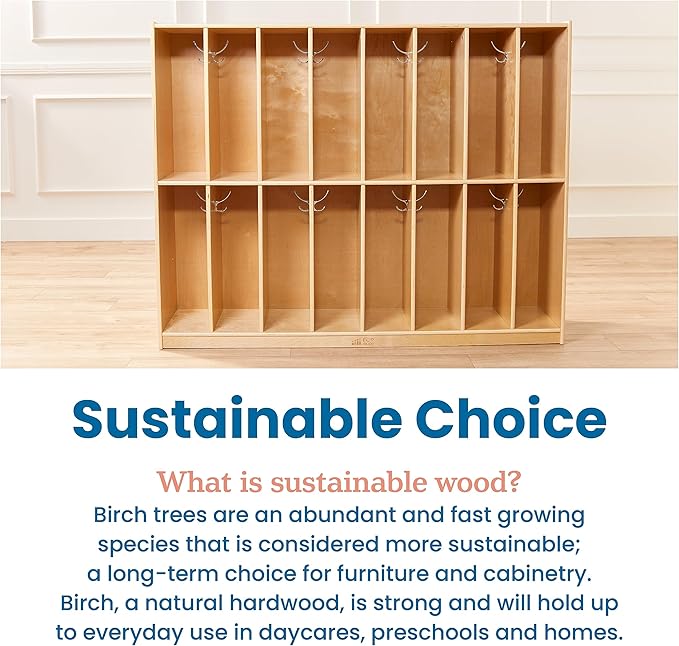 ECR4Kids 16-Section Coat Locker, Classroom Furniture, Natural
