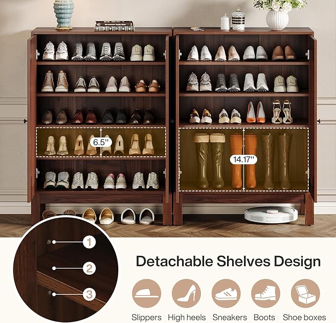 Tribesigns Shoe Cabinet with Doors, 5-Tier Shoe Storage Cabinet with Adjustable Shelves, 20 Pairs Wooden Shoe Rack Organizer, Tall Narrow Shoe Cabinet for Entryway, Hallway, Closet, Walnut, Set of 2