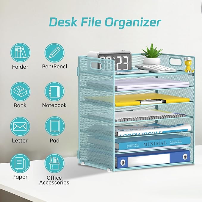7 Tier Paper Organizer - Mesh Desktop File Holder with Handles for Office School Desk, Black (Blue)