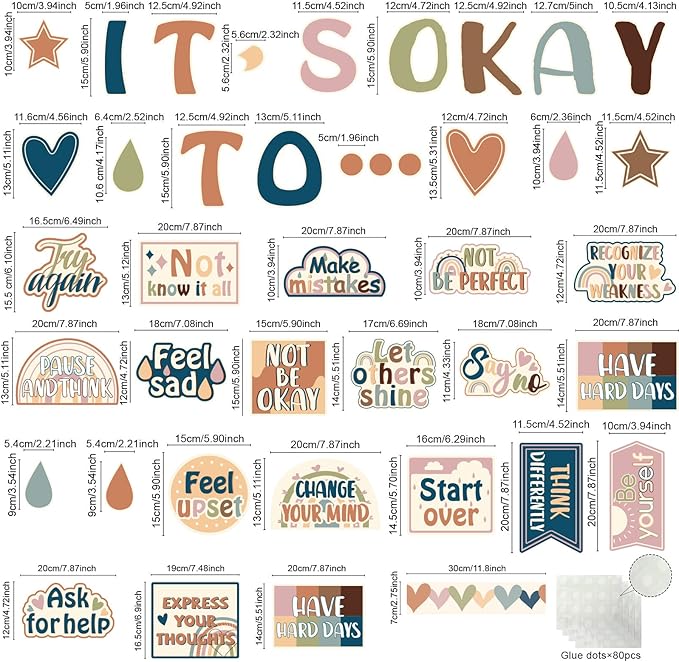 Mental Health Posters It's Okay to Boho Bulletin Board Set Therapy Offices Decor Inspirational Positive Affirmations Accents Psychology Wall Art for School Office Home Classroom Decoration Supply