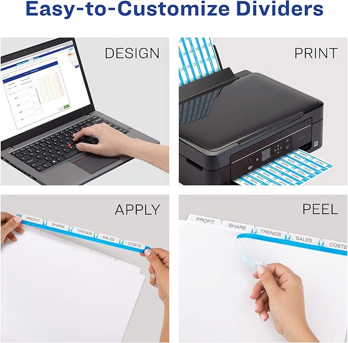 Avery 5 Tab Dividers for 3 Ring Binder, Easy Print & Apply Clear Label Strip, Index Maker Customizable White Tabs, 1 Set (11416)