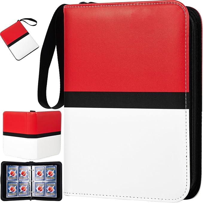 4 Pocket Trading Card Binder,400 Pockets Trading Card Collection Book with Sleevese,3-ring Zipper Sports Card Album with 50 Removable Double-Sided Card Holder for Standard Size Cards(Red)