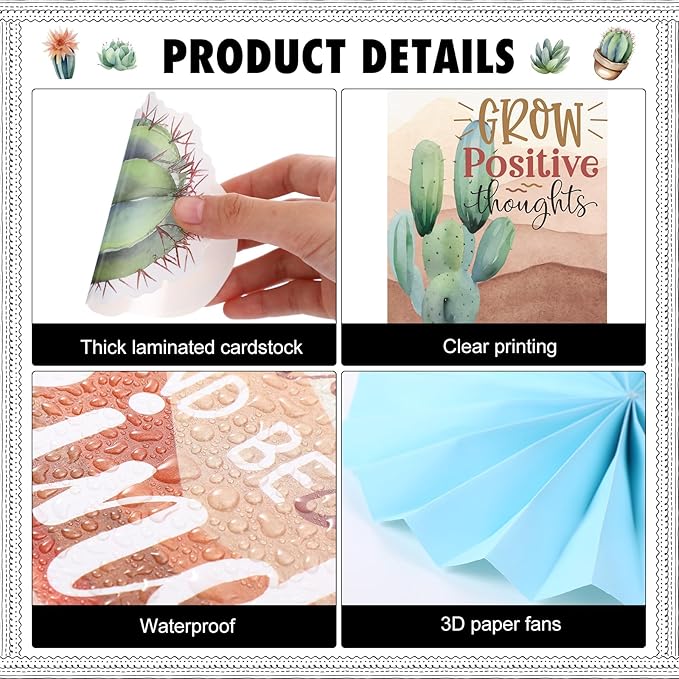 Pajean 62 Pcs Boho Desert Classroom Bulletin Board Decorations with 3D Paper Fans Inspirational Posters Cactus Cutouts Motivational Growth Mindset Bulletin Board for School Classroom Home Decorations
