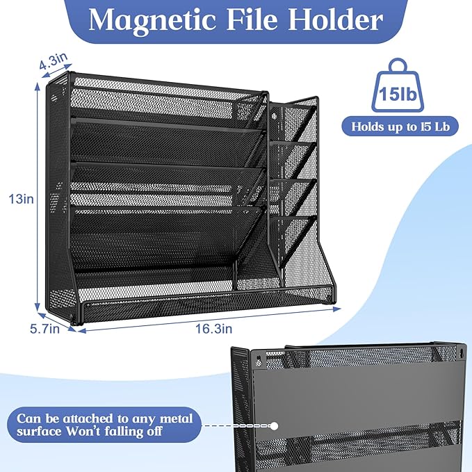 Magnetic File Organizer 5-Tier, No Drilling Installation, Office Magnetic Paper Holder with R-shaped Tray, Wall Hanging File Organizer, Mail Organizer for Refrigerator & Whiteboard & File Cabinet