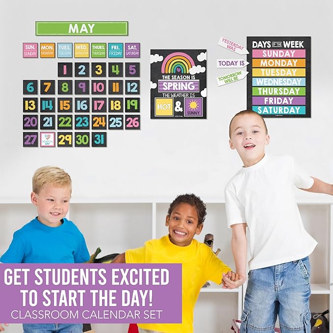 Hadley Designs Classroom Calendar Set Bulletin Board Decorations - School Calendar for Classroom Elementary, Preschool Must Haves, Homeschool & Daycare Essentials, Chalkboard Teacher Calendars