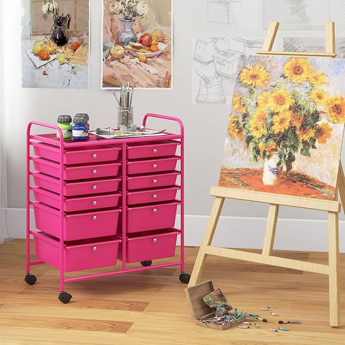COSTWAY 12-Drawer Rolling Storage Cart, Moveable Art Craft Organizer W/Lockable Wheels, Metal Shelf, Files Arrangement Tools Makeup Storage Cart for Office, Home, School, Hot Pink