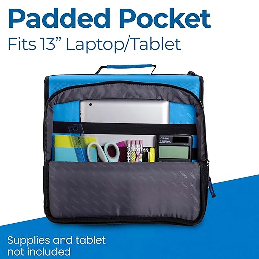 Case-it Universal Zipper Binder | 2-Inch O-Rings, 13-Inch Laptop/Tablet Padded Pocket, 400 Sheet Capacity, Multiple Storage Pockets & Shoulder Strap | School & Office Organizer | LT-007 Denim Blue