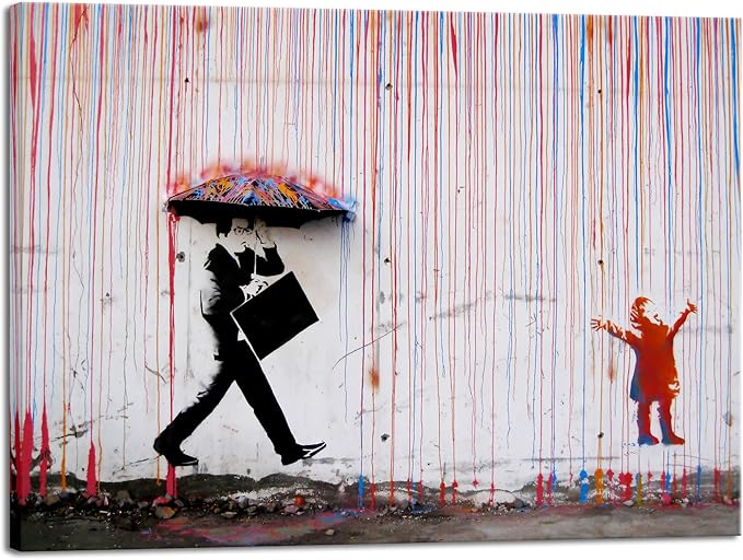 Wieco Art Banksy Raining Day or Colorful Graffiti Street Famous Canvas Prints Wall Art Modern Inspirational Grey Love Pictures Print Artwork for Kitchen Home Office Decor