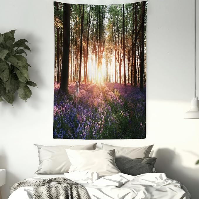 Ambesonne Forest Tapestry, Bluebell Woods Sunrise with White Rabbit Sunny Spring Day in Woodland, Fabric Wall Hanging Decor for Bedroom Living Room Dorm, 30" X 45", Purple Green