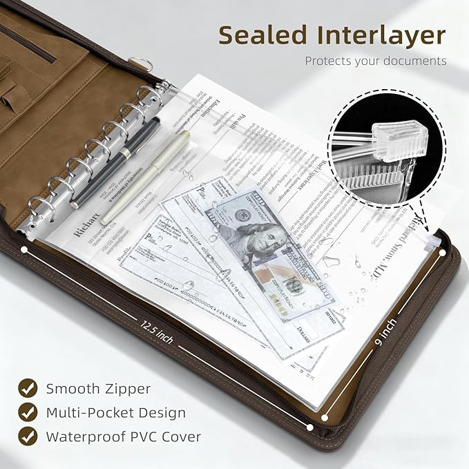 Ospelelf Brown Zippered 7 Ring Check Binder for Business Checks (9" x 13"), 1 Inch Faux Leather Checkbook Portfolio with Zipper Pouch, Professional Binder for Organizer Accountants, Home Use