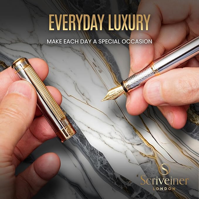 Scriveiner Silver Chrome Fountain Pen - Stunning Luxury Pen, Real Gold Finish, Schmidt Gilded Nib (Fine), Best Gift Set for Men & Women Professional Executive Office Fancy Nice Designer Pen