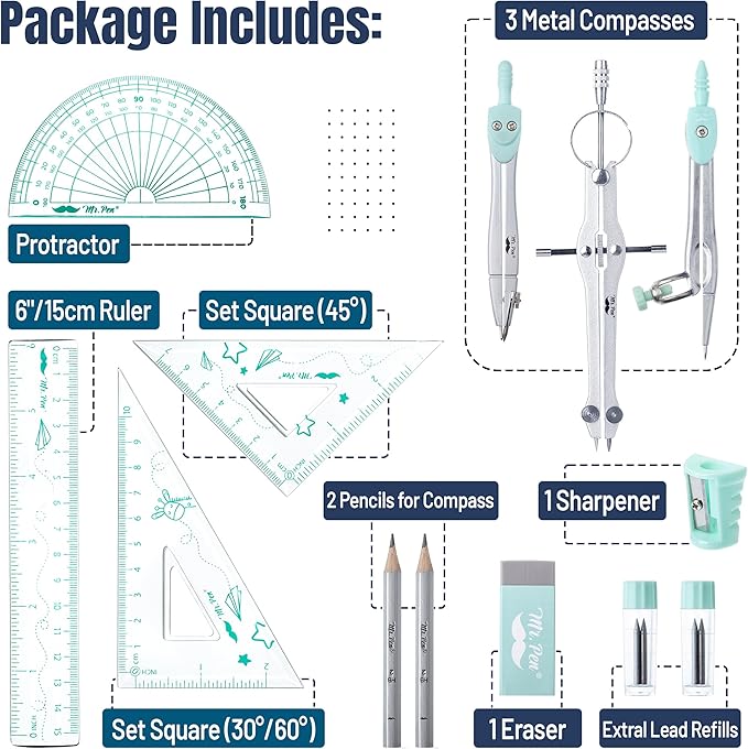 Mr. Pen- Geometry Set, 13 pcs, Compass for Geometry Compass, Geometry Kit Set with Shatterproof Storage Box, Math Compass, Geometry Set for School, Compass Math, Protractor and Compass Set