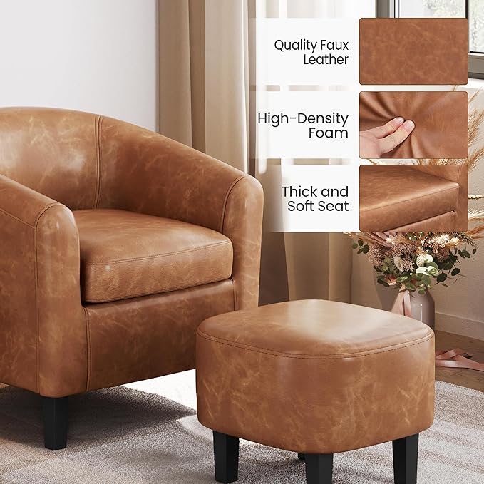 Yaheetech Accent Chair with Ottoman Foot Rest, PU Leather Mid Century Modern Upholstered Soft Barrel Chair Comfy Armchair and Footrest Set for Living Room/Bedroom/Reading Room, Brown, Set of 2