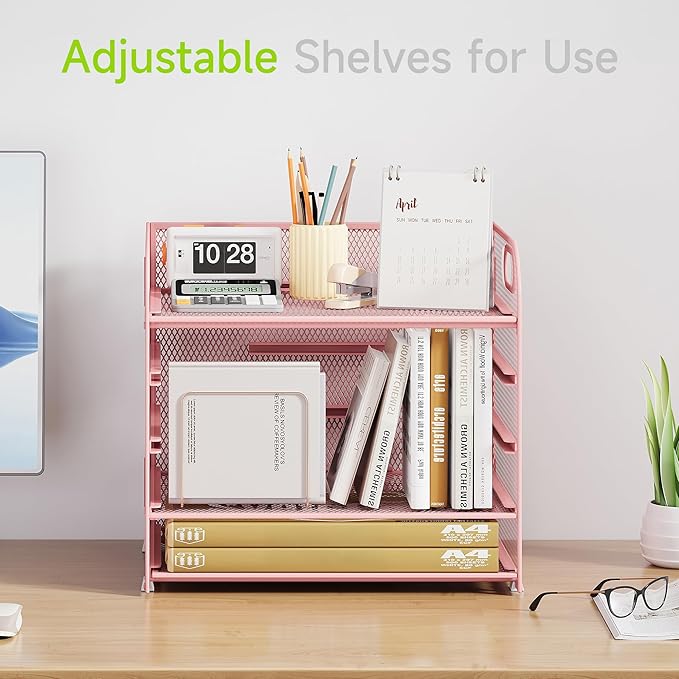 2 Pack 5 Tier Paper Organizer, Letter Tray with Handle, Mesh Desk Organizer, Metal File Organizer, Office Desk Accessories for Home, Office, Classroom, School -Pink