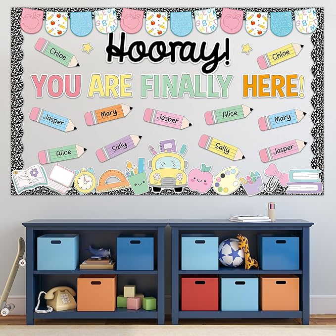 Back to School Bulletin Board Decorations Composition Notebook Bulletin Board Set Colorful Notebook Pencil Paper Cutouts Hooray You're Finally Here for First Day of School Classroom Decor Supplies