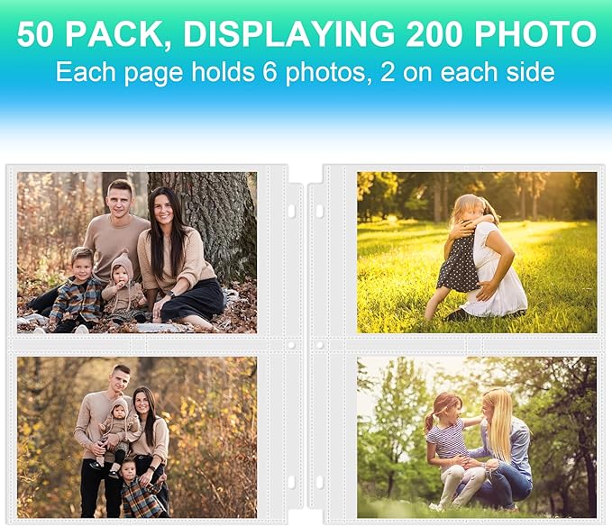 50 Pack 5 x 7 Photo Sleeves for 3 Ring Binder(200 Pictures), Heavy-Duty Archival Photo Page Protectors, Clear Picture Album Refill Pages Holds, Acid-Free