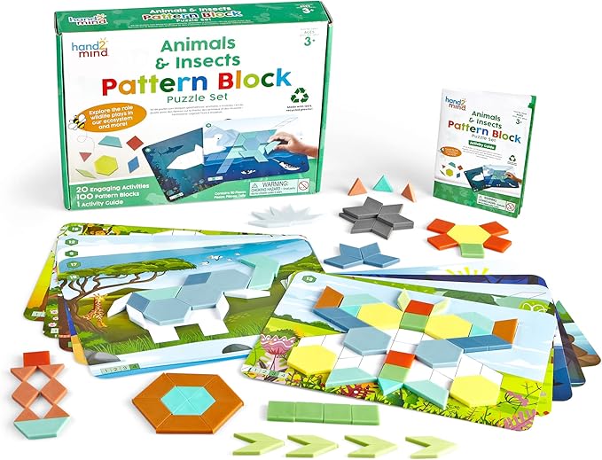 hand2mind Animals and Insects Pattern Block Puzzle Set, Tangram Puzzle, Geometric Shapes for Kids, Pattern Blocks Cards, Pattern Play, Toddler Battern Blocks, Kindergarten Learning Activities