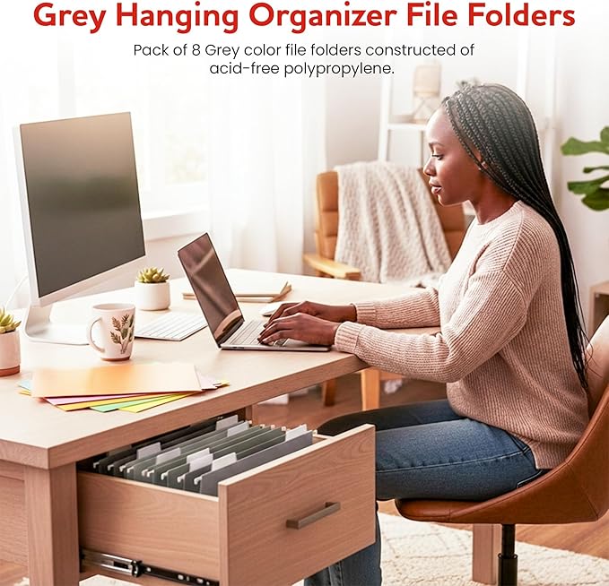 Grey Hanging File Folders – 8 Pack, Letter Size File Organization Folders for Home, Office, School & Filing Cabinets