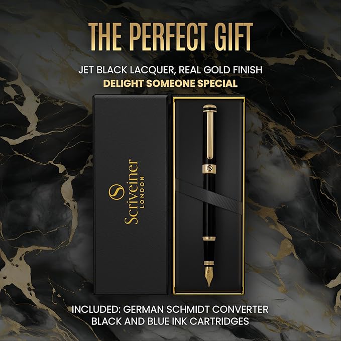 Scriveiner Luxury Fountain Pen - Stunning Black Lacquer Pen, Real Gold Finish, Schmidt Gilded Nib (Broad), Converter, Best Pen Gift Set for Men & Women, Professional, Executive, Office, Nice Pens