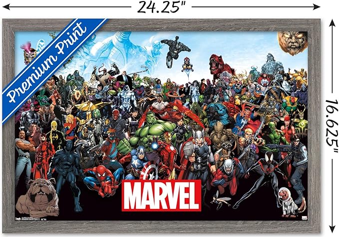 Marvel Comics The Marvel Lineup Wall Poster, 22.4L" x 14.7W", Barnwood Framed Version