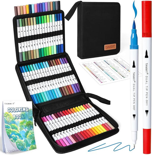 TANMIT Markers for Adult Coloring Books No Bleeding, 72 Colors Dual Tip Art Markers Set with Fine and Brush Tip Pens for Journaling Sketch Hand Lettering